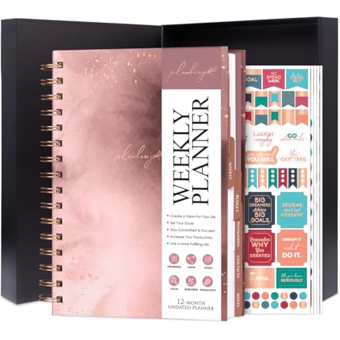 PLANBERRY Weekly Planner – Elegant Life & Budget Planner to Hit Your Goals & Live Happier – Organizer & Productivity Journal – 17.5 x 21.5cm Hardcover, Undated + Stickers (Rose Gold)