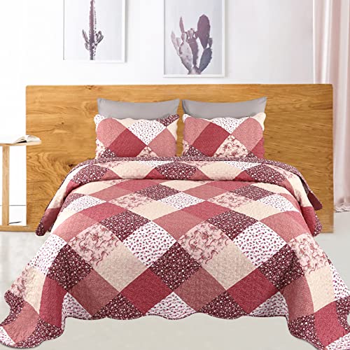 Qucover Quilted Bedspread Super King 250x270cm, Multicolour Print Bright Red Pink Beige Patchwork Quilt with 2 Pillow Shams, Lightweight Soft