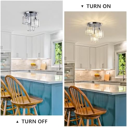 Rayofly Modern Crystal Chandeliers Ceiling Light, 3-Lights Crystal Ceiling Lights Living Room, Chrome Semi Flush Ceilings Light Fittings for Hallway, Bathroom, Bedroom, Foyer, Kitchen Light Fixture