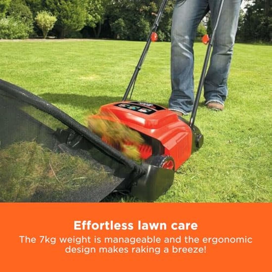 BLACK+DECKER Lawn Raker, 600W, Adjustable Height Scarifier with Large Capacity Front Loading Grass Box, GD300-GB