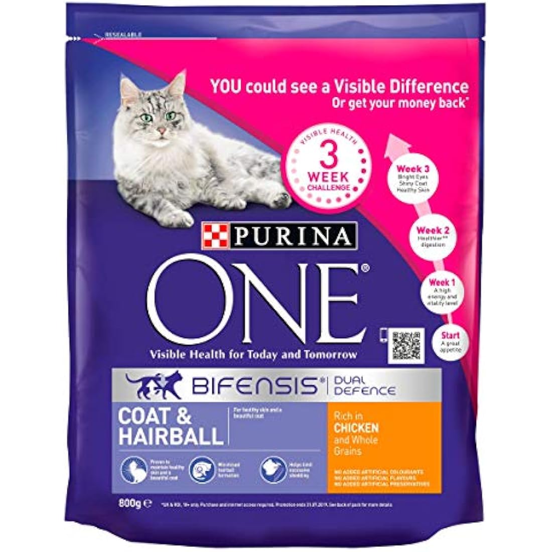 Purina ONE Coat & Hairball Dry Cat Food Chicken 800g (Pack of 4)