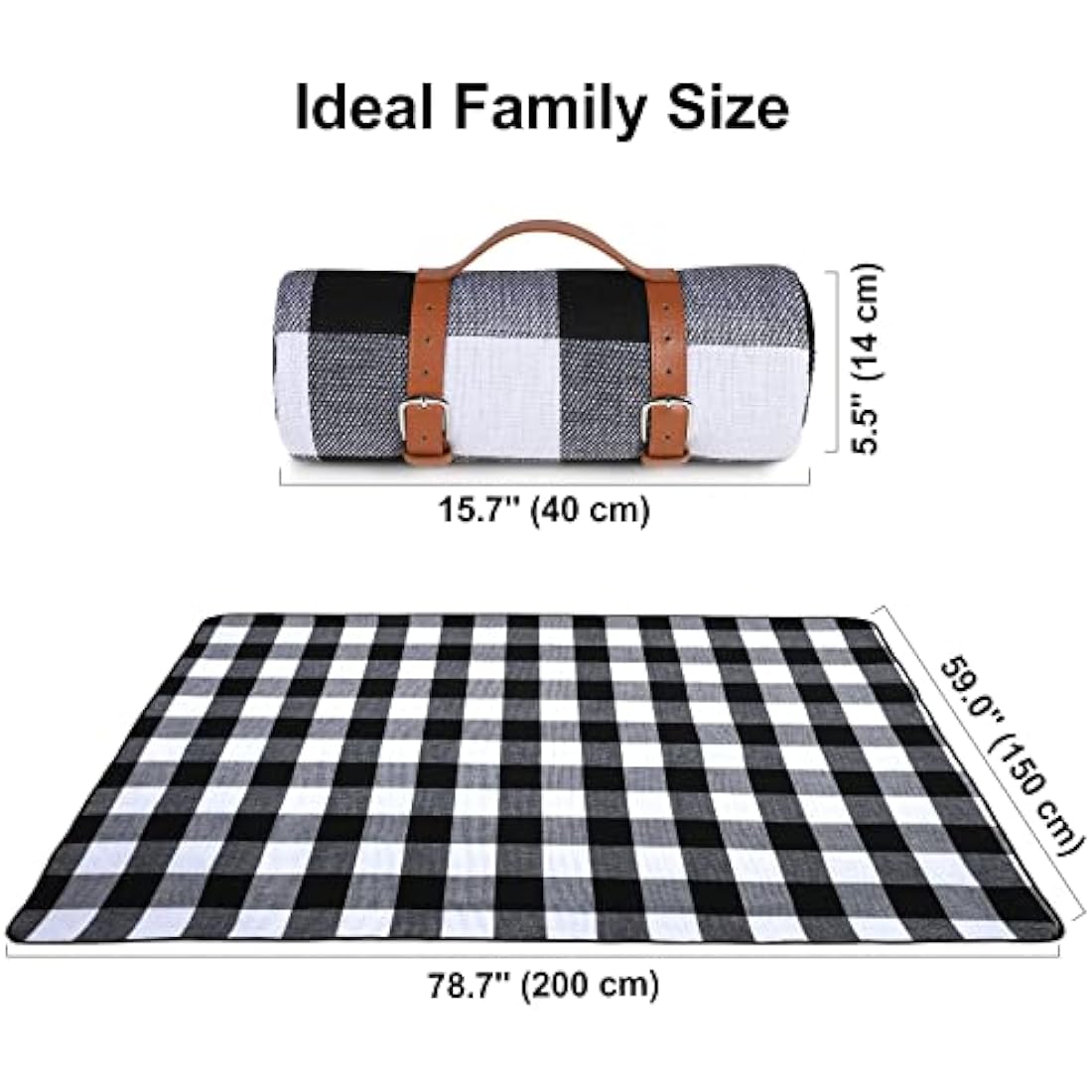 Ben & Bel Water/Sand/Dirt-resistant Picnic Blanket with PU Handle, Outdoor-Ready Black & White Square, 150x200cm XL