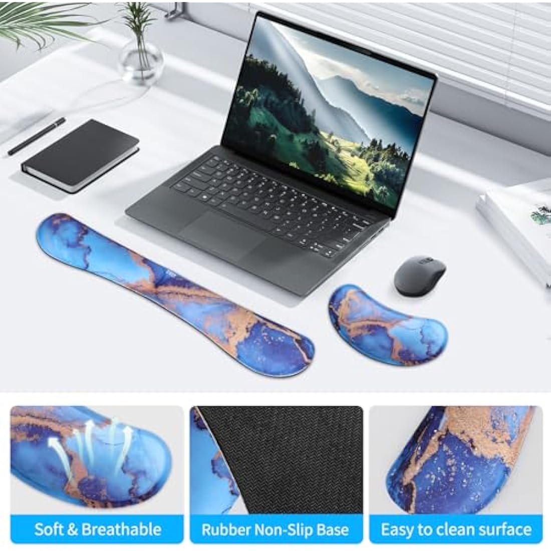 ZIBLY Wrist Rest Keyboard and Mouse Set - Anti-Skid Non Slip Ergonomic Wrist Cushion Support Pad (Blue Marble 2 Pcs)