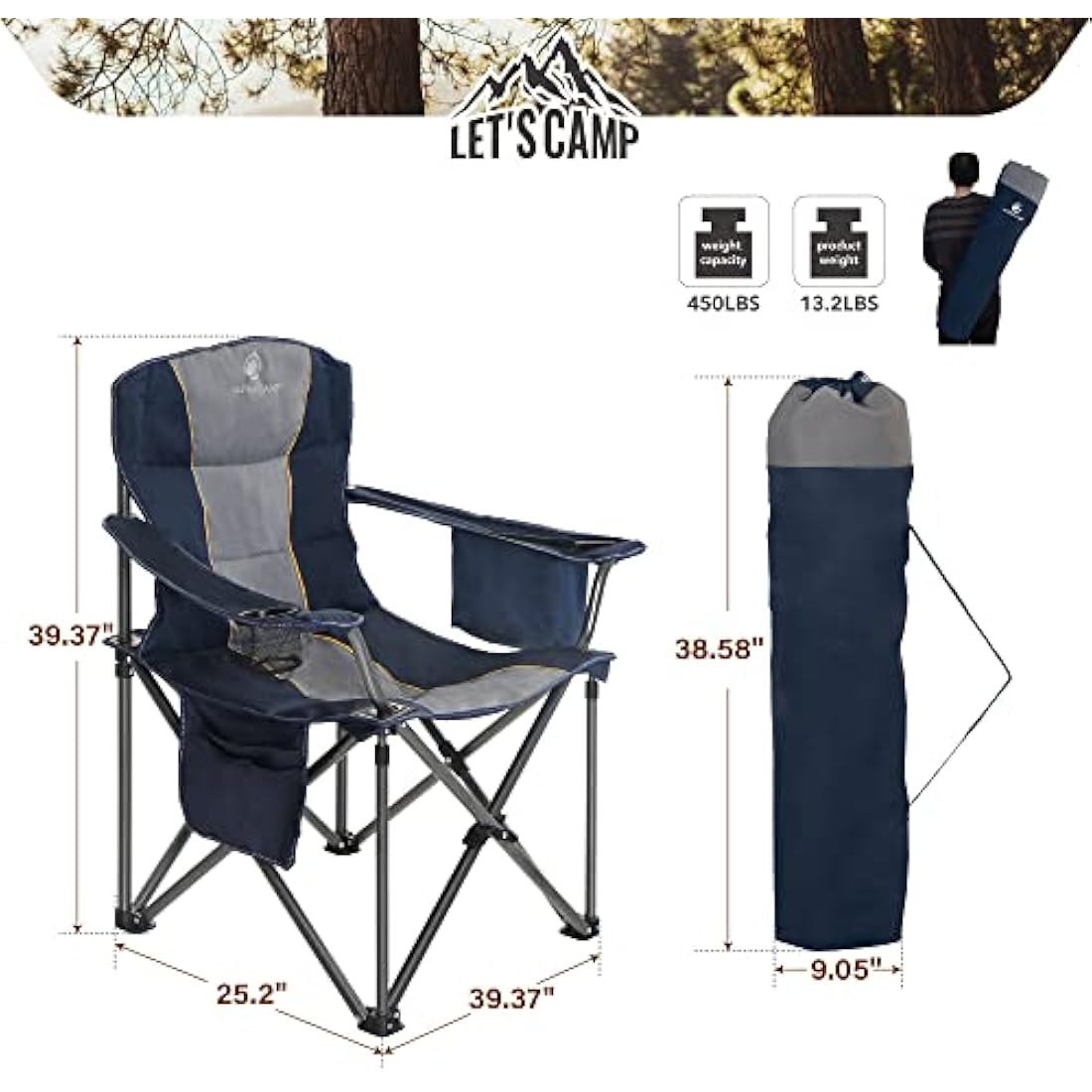 LET'S CAMP Folding Camping Chair Oversized Heavy Duty Padded Outdoor Chair with Cup Holder Storage and Cooler Bag, Support 200 KG with Thicken 600D Oxford