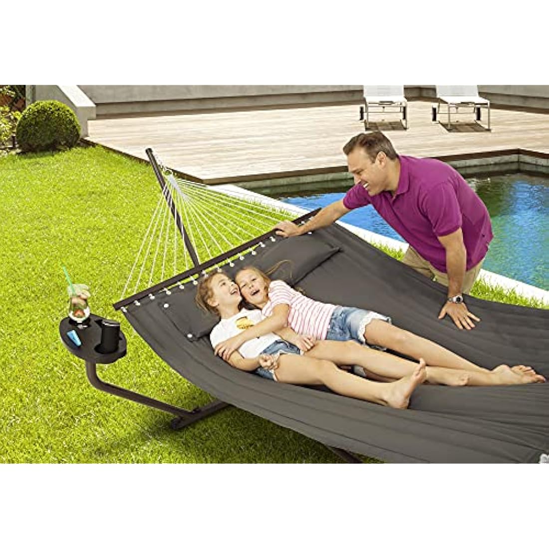 Vita5 Hammock Stand with Sidetable, Garden Hammocks 2 Persons, Side Table & Detachable Pillow, Heavy Duty 200kg Capacity, Indoor and Outdoor Hammock for Patio, Pool or Backyard (Dark Grey)