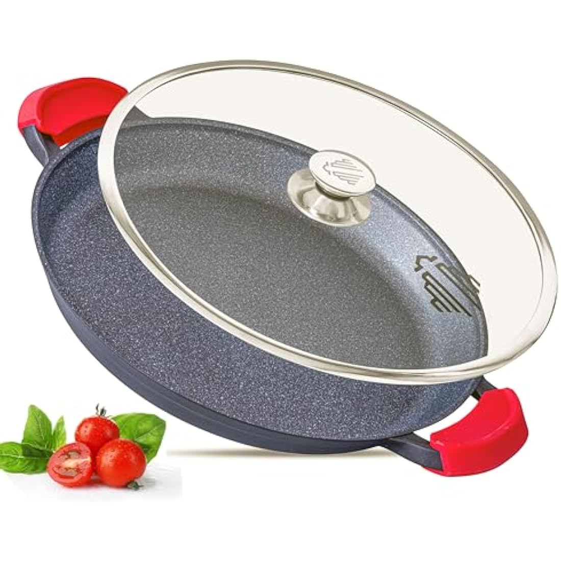 Paella Pan | Glass Lid |Non-Stick | Anti Scratch | Removable Silicone Handles | Ceramic Coating Chemical Free | Induction & Oven Safe | Heavy-Duty | Stainless-Steel Base (Black, 36 CM)