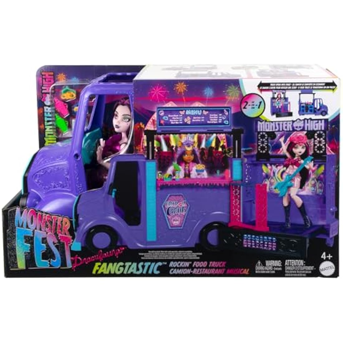 Monster High Draculaura Doll and Playset, Fangtastic Rockin’ Food Truck with Pullout Stage Transformation and 13+ Food and Music Themed Accessories, HXH83