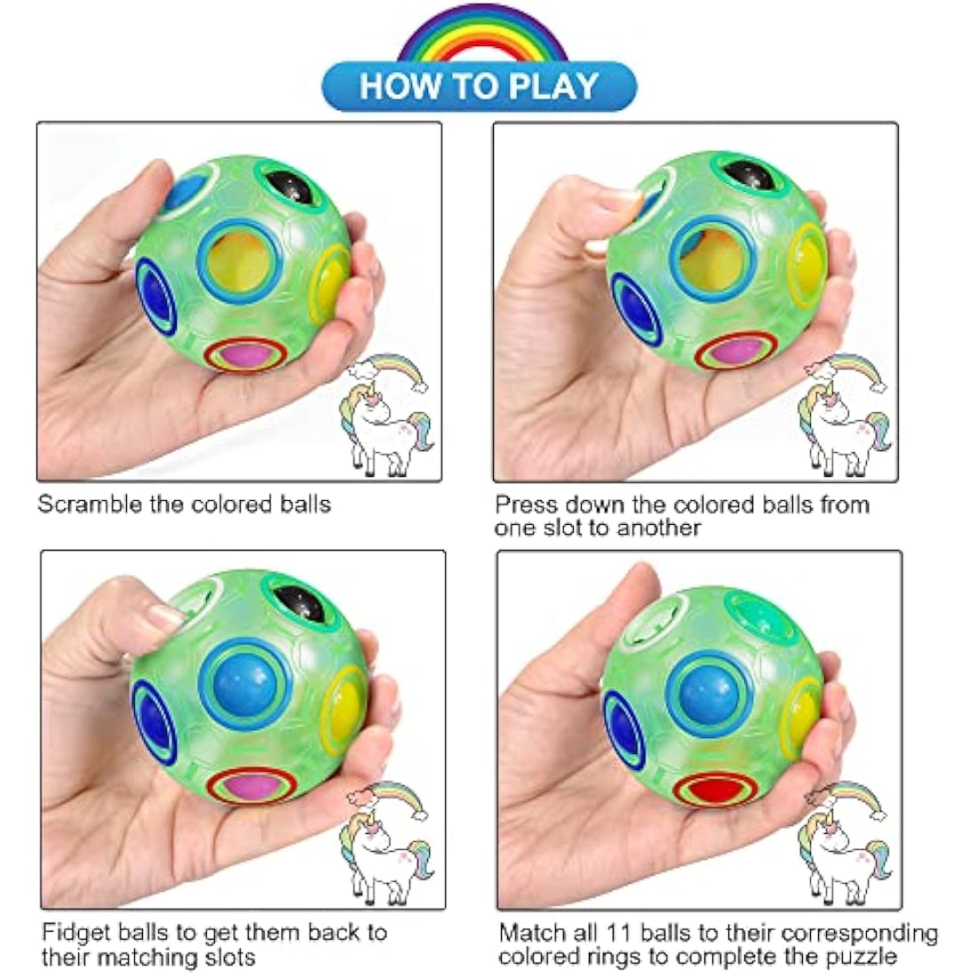 ROXENDA Magic Rainbow Ball with 12 Holes, Puzzle Ball Skill Game - Brain Teaser & Fidget Ball for Kids from 6 Years - 4 Pack(Green&blue&pink&white)