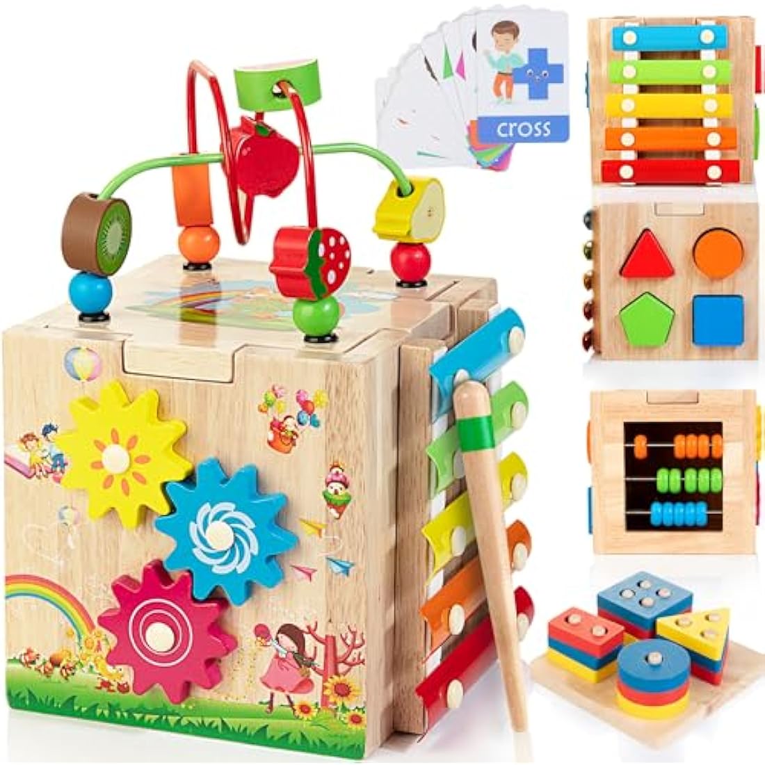Wooden Activity Cube | 8-in-1 Montessori Toys for 18M+ Toddlers, One Year Old First Birthday Toy, Baby Toy Set with Bonus Sorting & Stacking Board