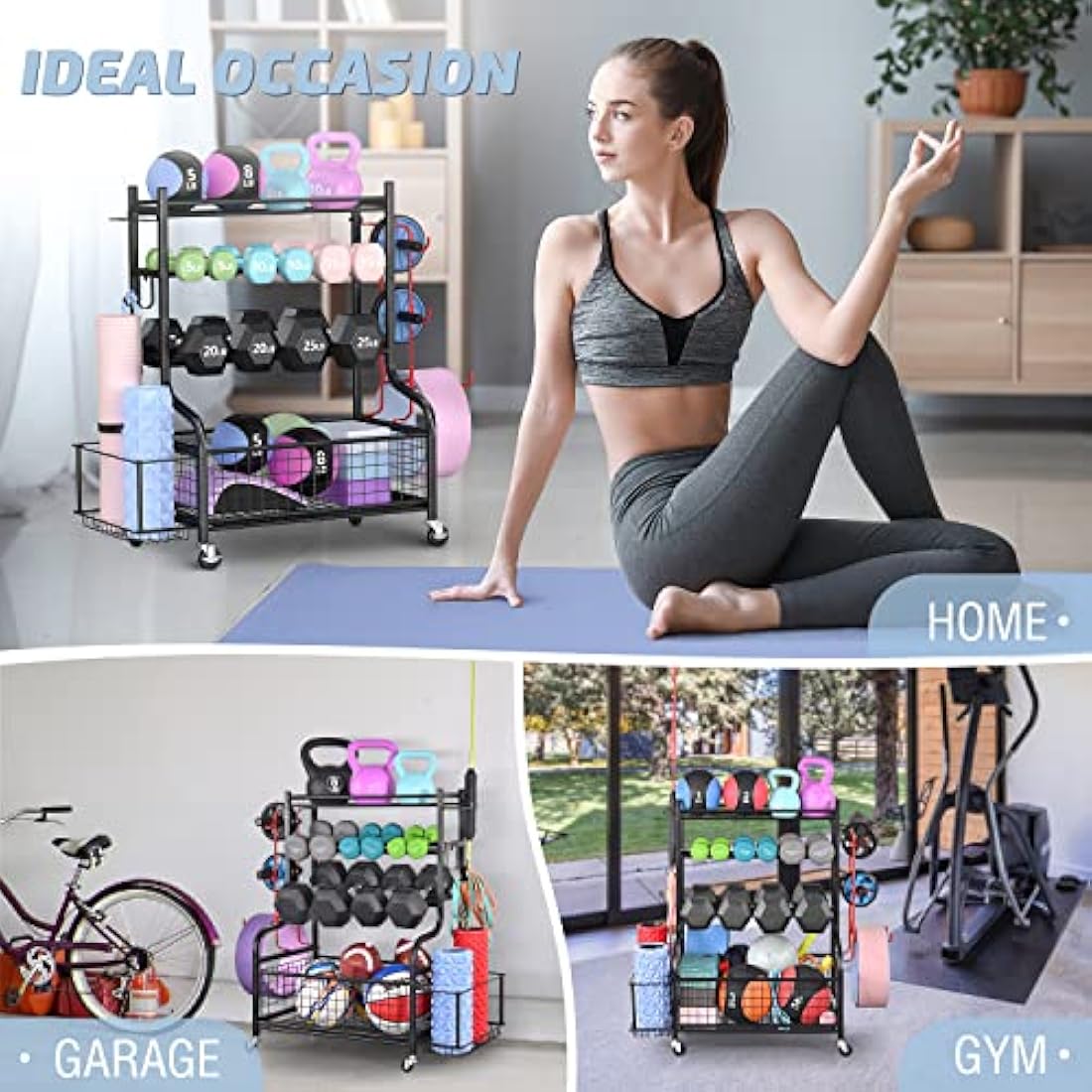 Mythinglogic Dumbbell Rack Stand, Multifunctional Weight Rack for Dumbbells, Yoga Mat, Fascia Roller, Kettlebell and Yoga Block, Powder-Coated Steel Dumbbell Stand with Wheels and Hooks