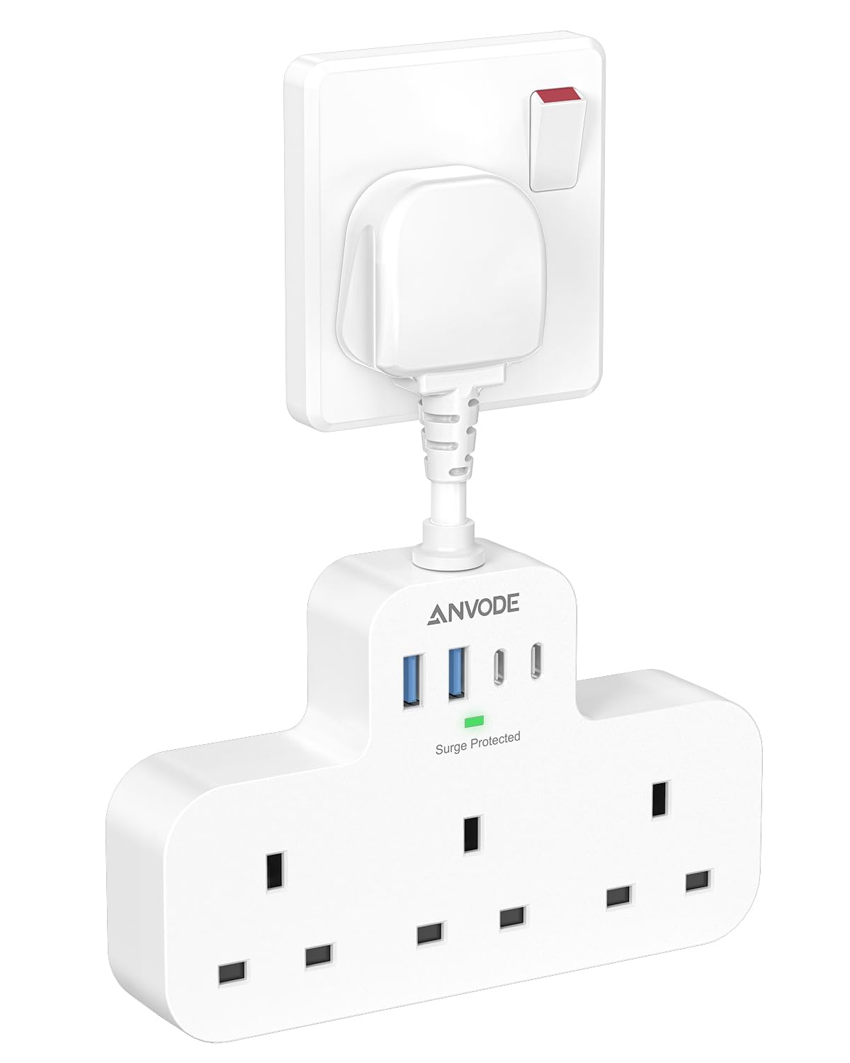 Multi Plug Extension Socket with USB C, ANVODE 3 Way Plug Adaptor with Flexible Socket, Adapter Plug UK Turn 1 to 7, Short Extension Lead Power Strip