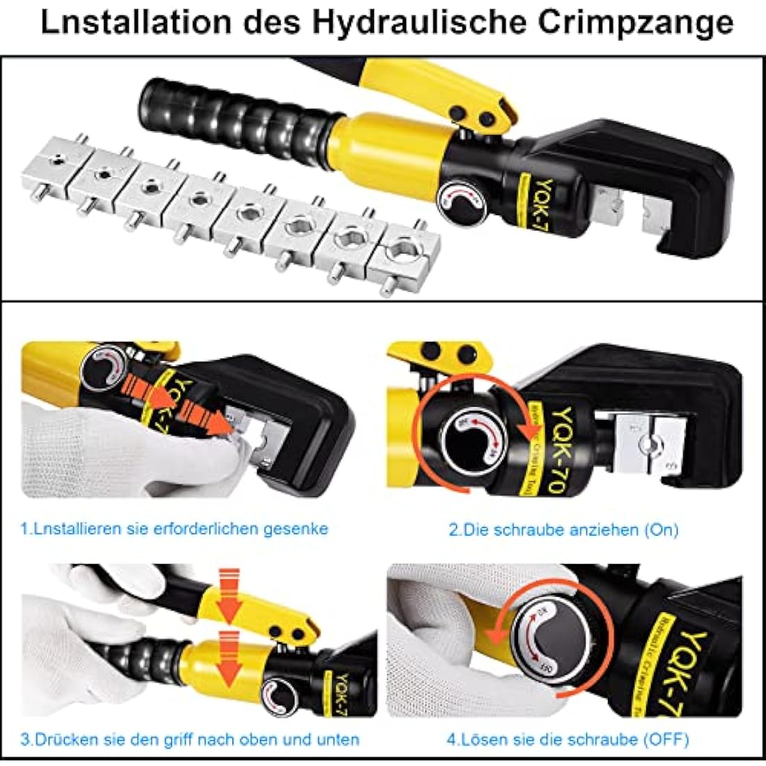 Solsop Hydraulic Crimping Tool Crimper Pliers - 9 Sets of Crimping Shapes 4-70 mm² for Copper Aluminium Cable Lugs