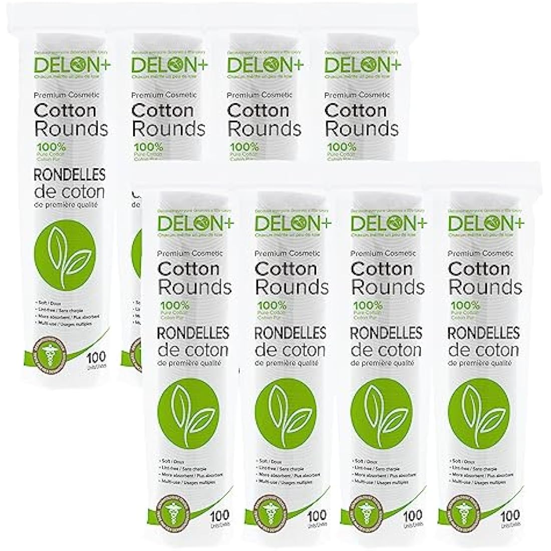 DELON+ Premium Cotton Rounds with Aloe Vera & B5 Provitamin - 100 Count pack of 8