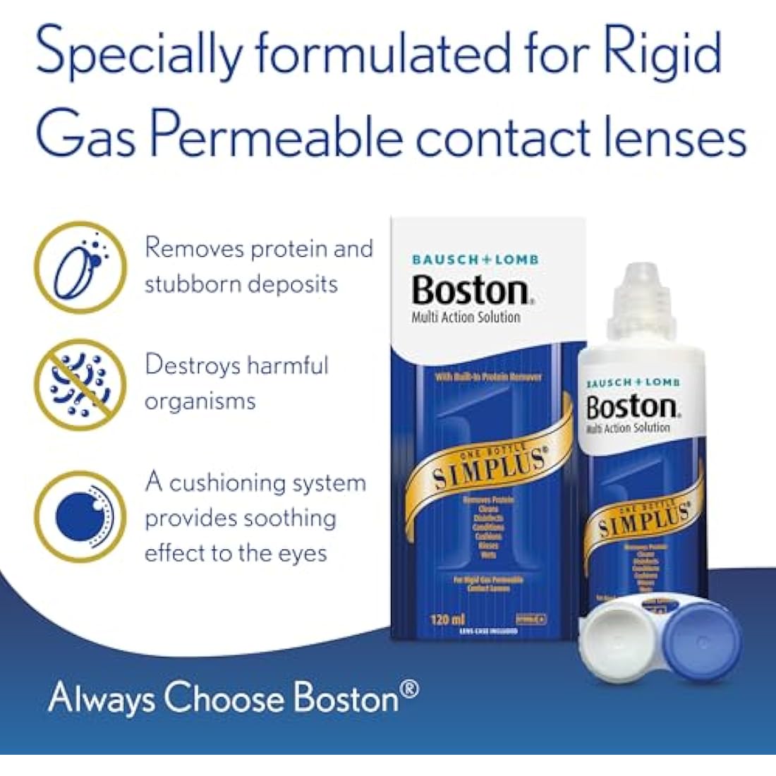 Boston Simplus Multi-Action Solution, 4x 120ml Contact Lens Solution for Rigid Gas Permeable Contact Lenses - Clean, Disinfect & Condition with 4x Lens Cases