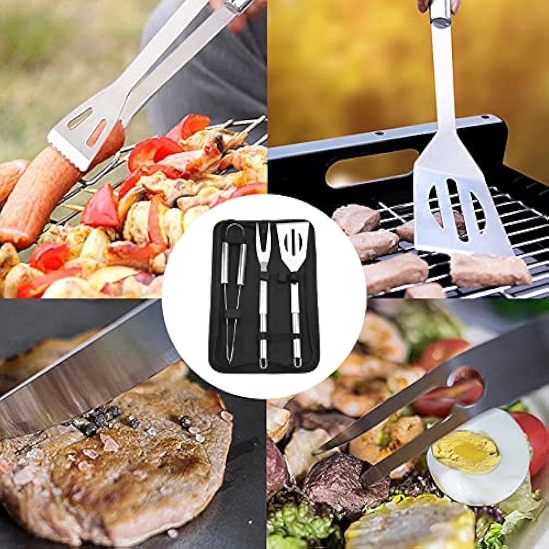 BBQ Tool Set,3 Pcs Professional Stainless Steel Grill Accessories Set with Handle Storage Bag,Camping Barbecue Grilling Utensils Kit Spatula Tongs Fork for Birthday Christmas Party