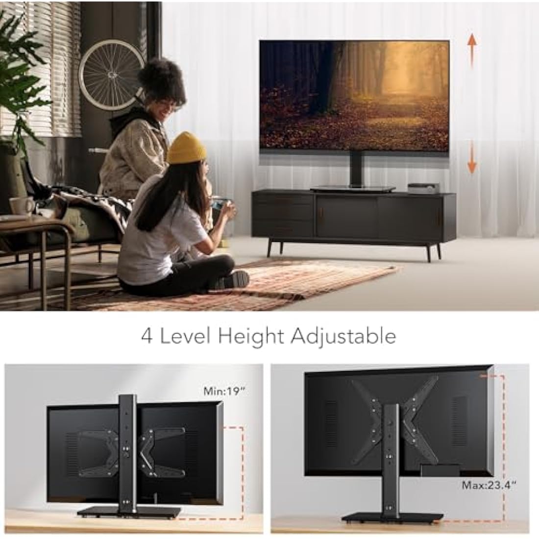 Universal Swivel TV Stand/Base Table Top TV Stand for 21 to 55 inch TVs with 90 Degree Swivel, 4 Level Height Adjustable, Heavy Duty Tempered Glass Base, Holds up to 45kgs, HT02B-002