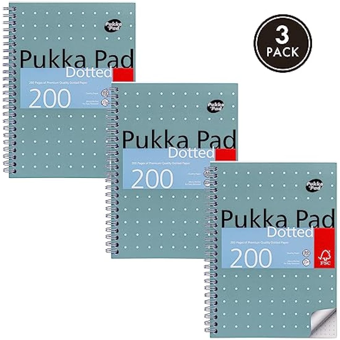Pukka Pad, A5 Dotted Metallic Jotta Book for Graphing, Art, Bullet Journaling – 3 Pack – 21 x 14.8cm – Wirebound Notebook with 80GSM Paper – 4-Hole Margins and Perforation - 200 Pages, Grey