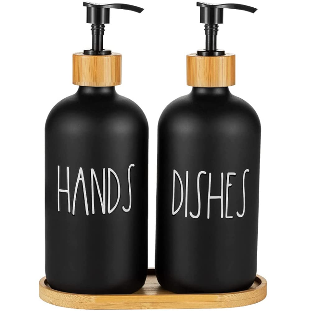 Hniuyun Glass Soap Dispenser Set of 2, Glass Soap Dispenser Bottle with Pump, 16 Oz Refillable Liquid Hand Jar Dispenser for Bathroom, Countertop,