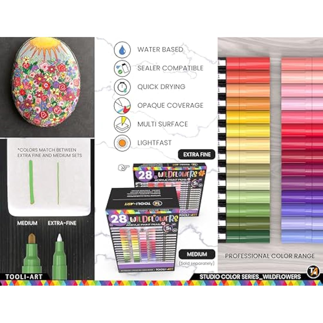 TOOLI-ART 28 Wildflower Acrylic Paint Pens Studio Colour Series Markers Set 0.7mm Extra Fine Tip, Rock Painting, Glass, Mugs, Wood, Metal, Canvas, DIY, Detailing. Non Toxic, Waterbased, Quick Drying