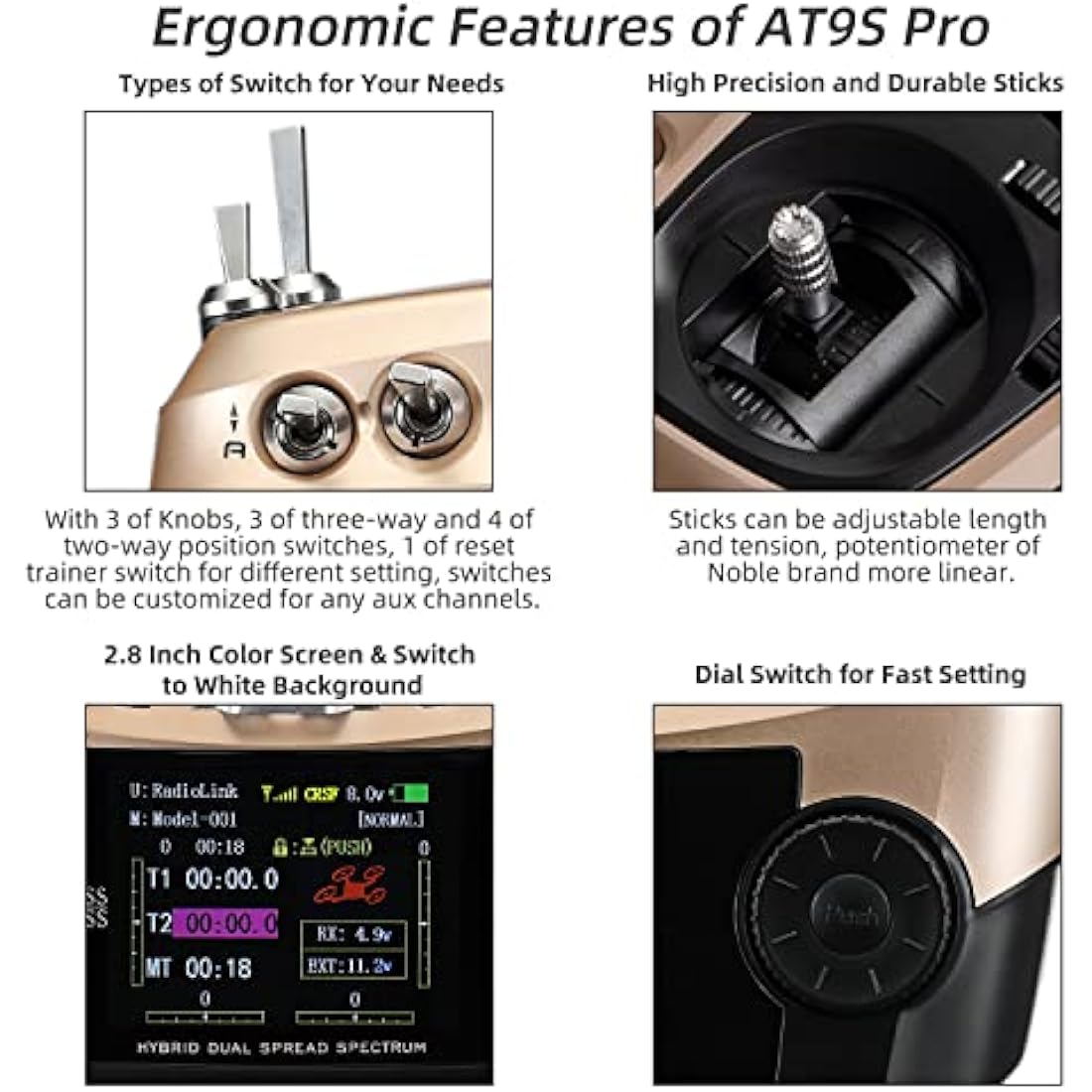 Radiolink AT9S Pro 10/12 Channels 2.4GHz RC Radio Transmitter and R9DS Receiver Kit 3400M Remote RC Plane Controller Long Range for FPV Racing Drone Quad Airplane Helicopter and More (Mode2 Left Hand)