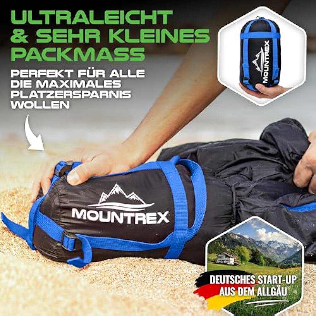MOUNTREX® sleeping bag – Ultra Light (720g) with Small Pack Size - Outdoor Summer Sleeping Bag - Mummy Shape (205x75cm) - Compact, Warm, Lightweight - for Camping, Travel, Backpacking or Festivals