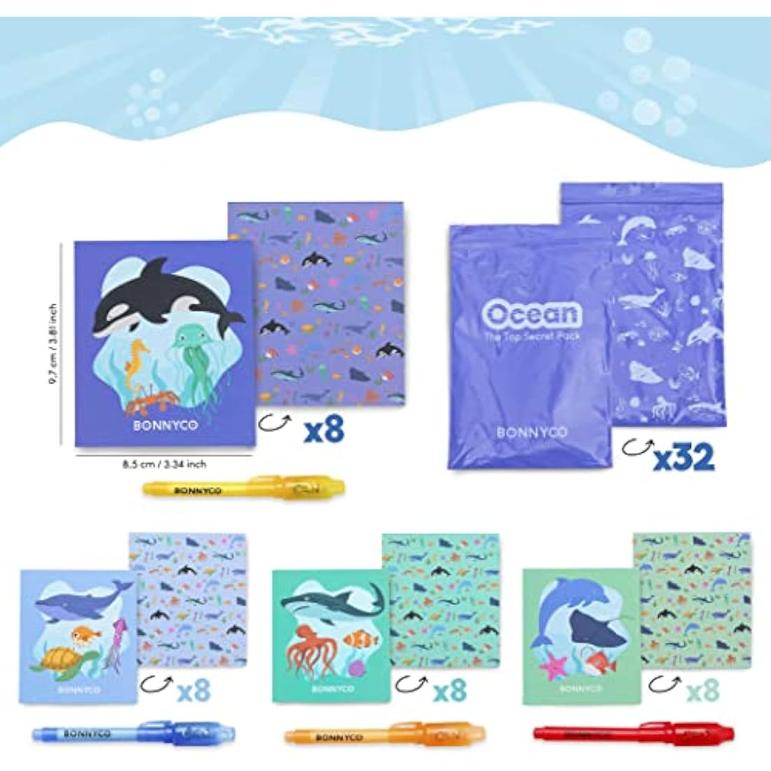 BONNYCO Invisible Ink Pen and Notebook, Pack 32 Sea Animals Ocean Party Bags Fillers, Pinata Toys | Birthday Decorations | Stocking Fillers for Kids Birthday | School Prizes, Gifts for Children