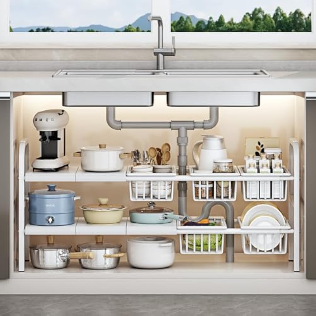 Under Sink Storage Kitchen Organiser,2 Tier Extendable Under Sink Shelf Organiser,With 5 Removable Panels And 5 Storage Basket,Stainless Steel Pipes - White