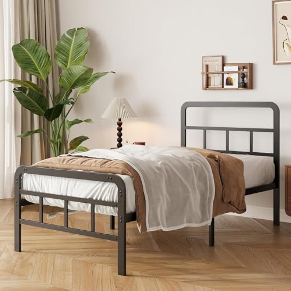 Yicensen Small Single Bed Frame with Curved Headboard and Footboard 75x190 cm, Black Single Platform Bed with Heavy Metal Slats for Stable Support, No Box Spring Needed, Noise Free, Easy Assembly