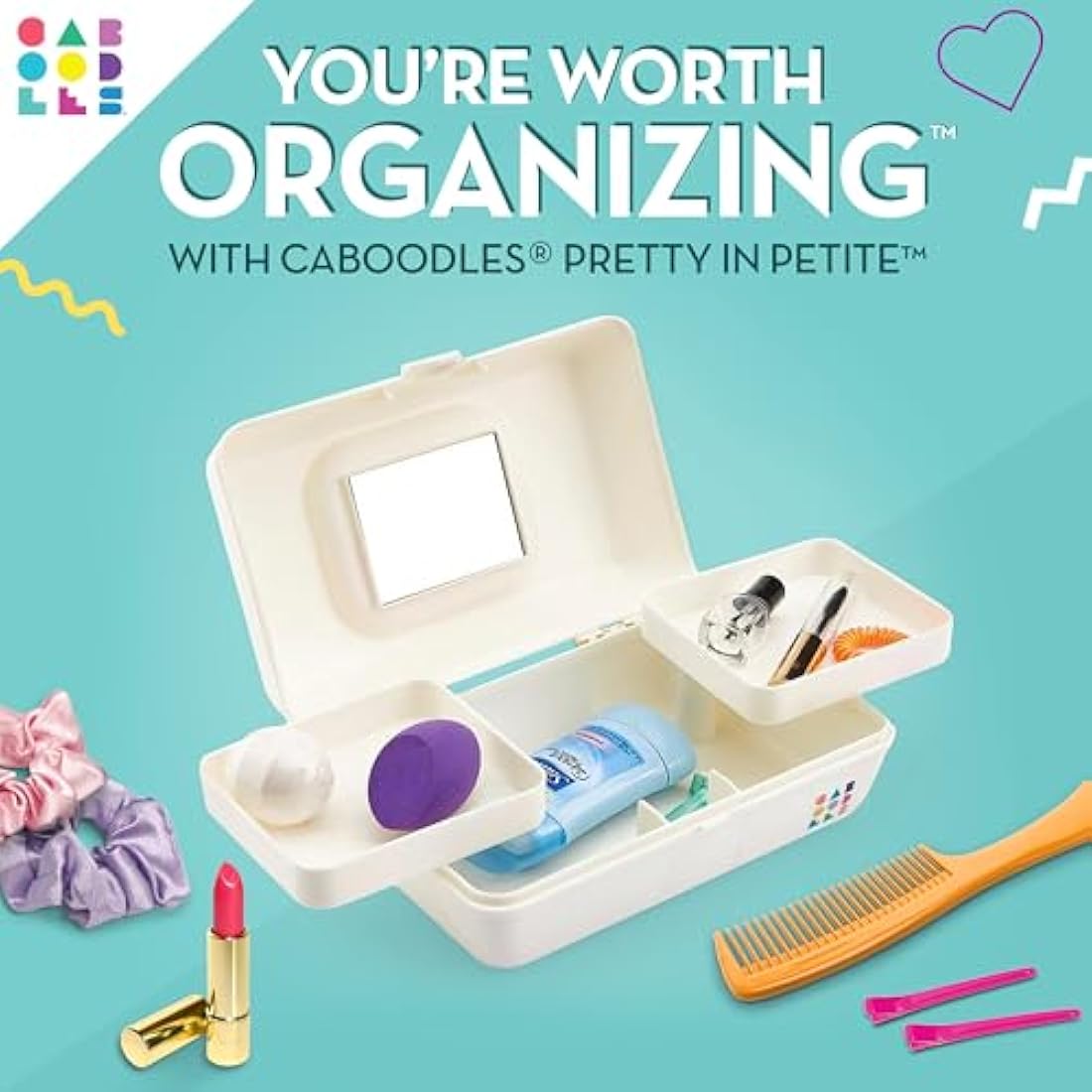 Caboodles Pretty in Petite Makeup Box, Two-Tone White on White, Hard Plastic Organizer Box, 2 Swivel Trays, Fashion Mirror, Secure Latch for Safe Travel