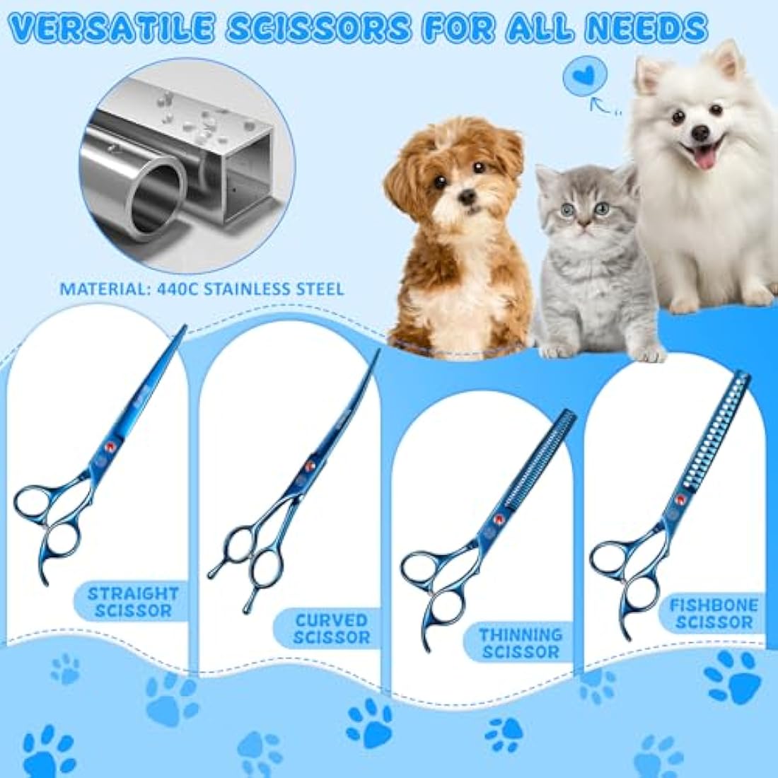 Moontay Dog Grooming Scissors Set Professional, 7 Inch Pet Grooming Scissors, 8 in 1 Straight, Curved, Thinning, Fishbone Scissors with Comb, Tension Adjuster, Cleaning Cloth and Storage Case, Blue
