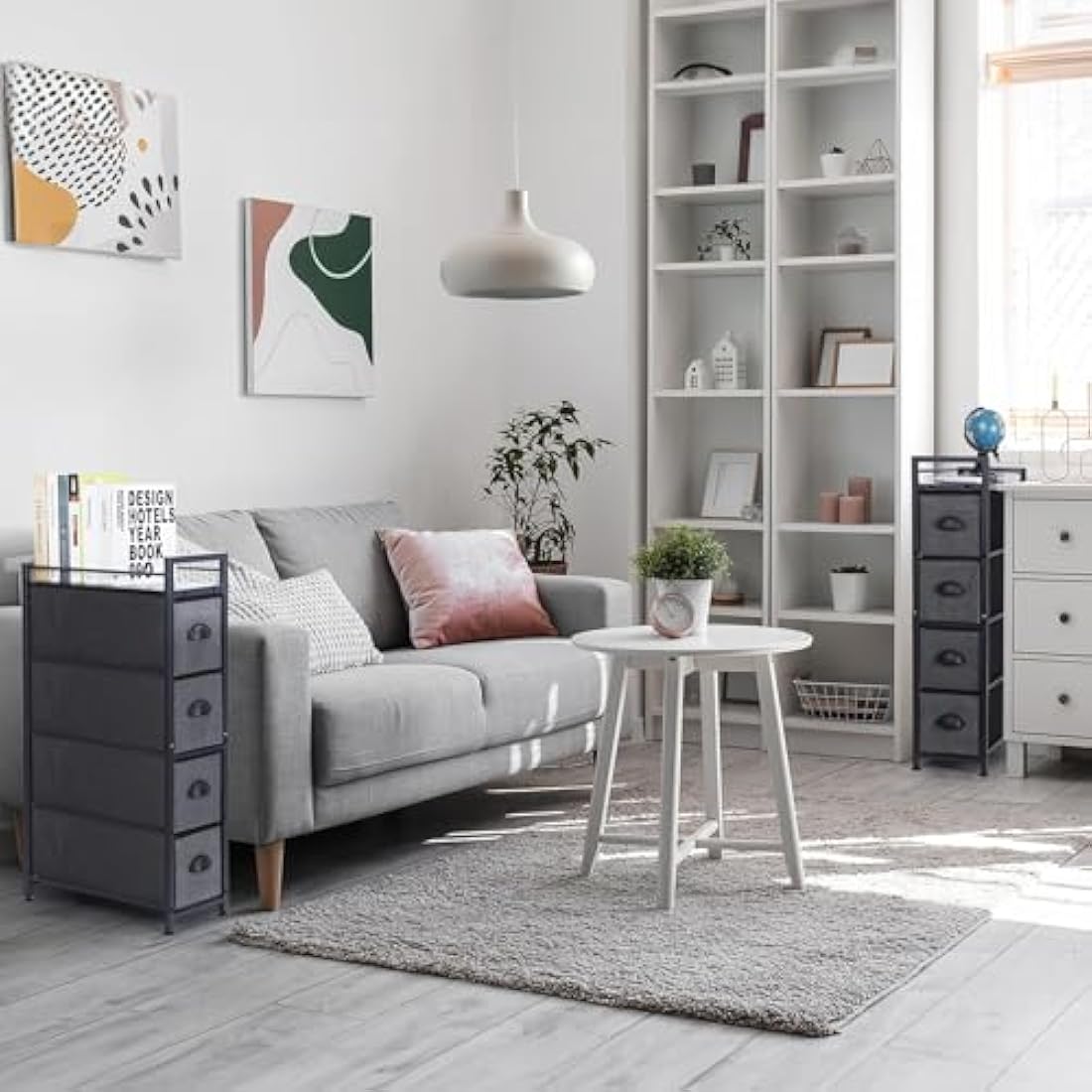 LIANTRAL Vertical Slim Chest of Drawers with 4 Fabric Drawers, Fabric Chest of Drawers Storage Tower Large Capacity Dresser for Bedroom Living Room Bathroom Entrance Narrow Space, Black and Dark Grey