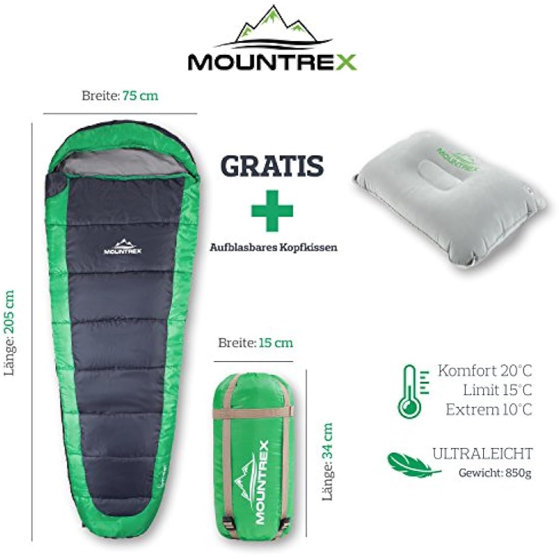 MOUNTREX® Sleeping Bag - Ultralight & Compact (850 g) - Outdoor Summer Sleeping Bag - Mummy Sleeping Bag (205 x 75 cm) - Small Pack Size and Lightweight - for Teenagers and Adults + Bonus Travel