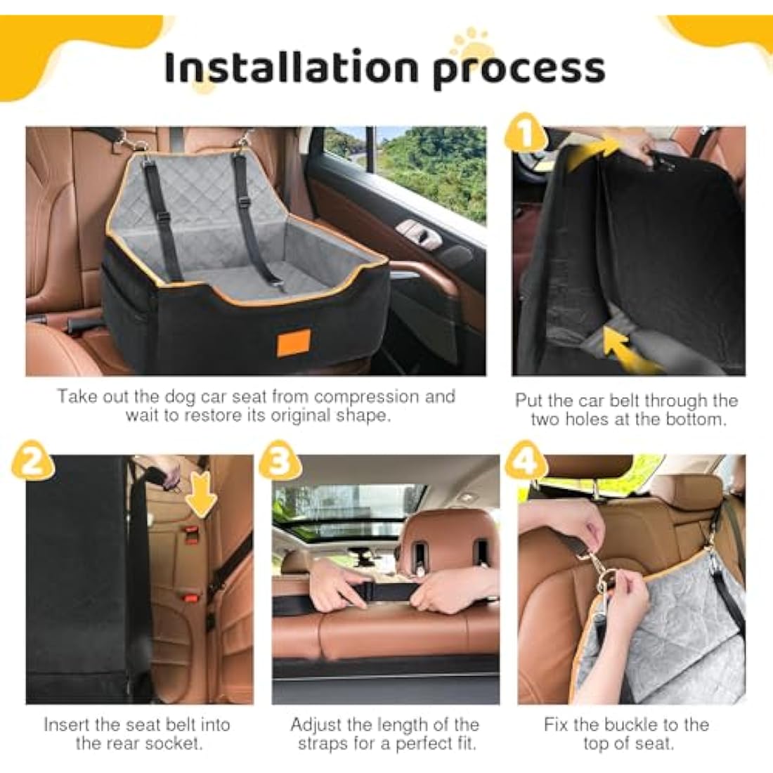 GL GLENSLAVE Dog Car Seat for Large/Medium Dogs, Dog Booster Seat for Pet Under 55Lbs or 2 Small, Detachable and Washable Travel Pet Bed with Thick Cushion and Storage Pockets (Black/Grey)