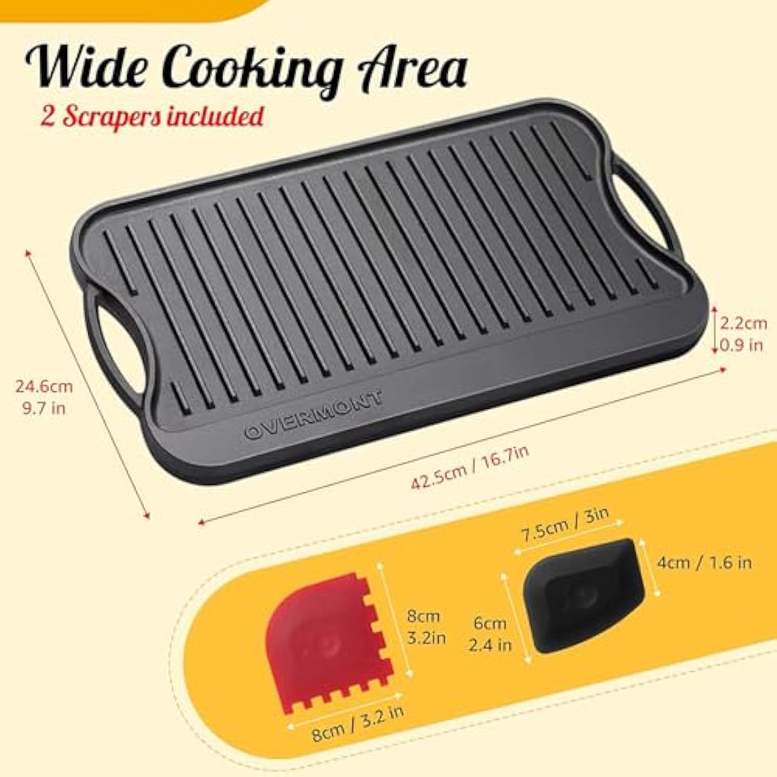 OVERMONT Pre-Seasoned Cast Iron Reversible Griddle Grill Pan with Handles for Gas Stovetop Open Fire Oven, 43.18 * 24.89CM (17x9.8) - One Tray, Scrapers Included