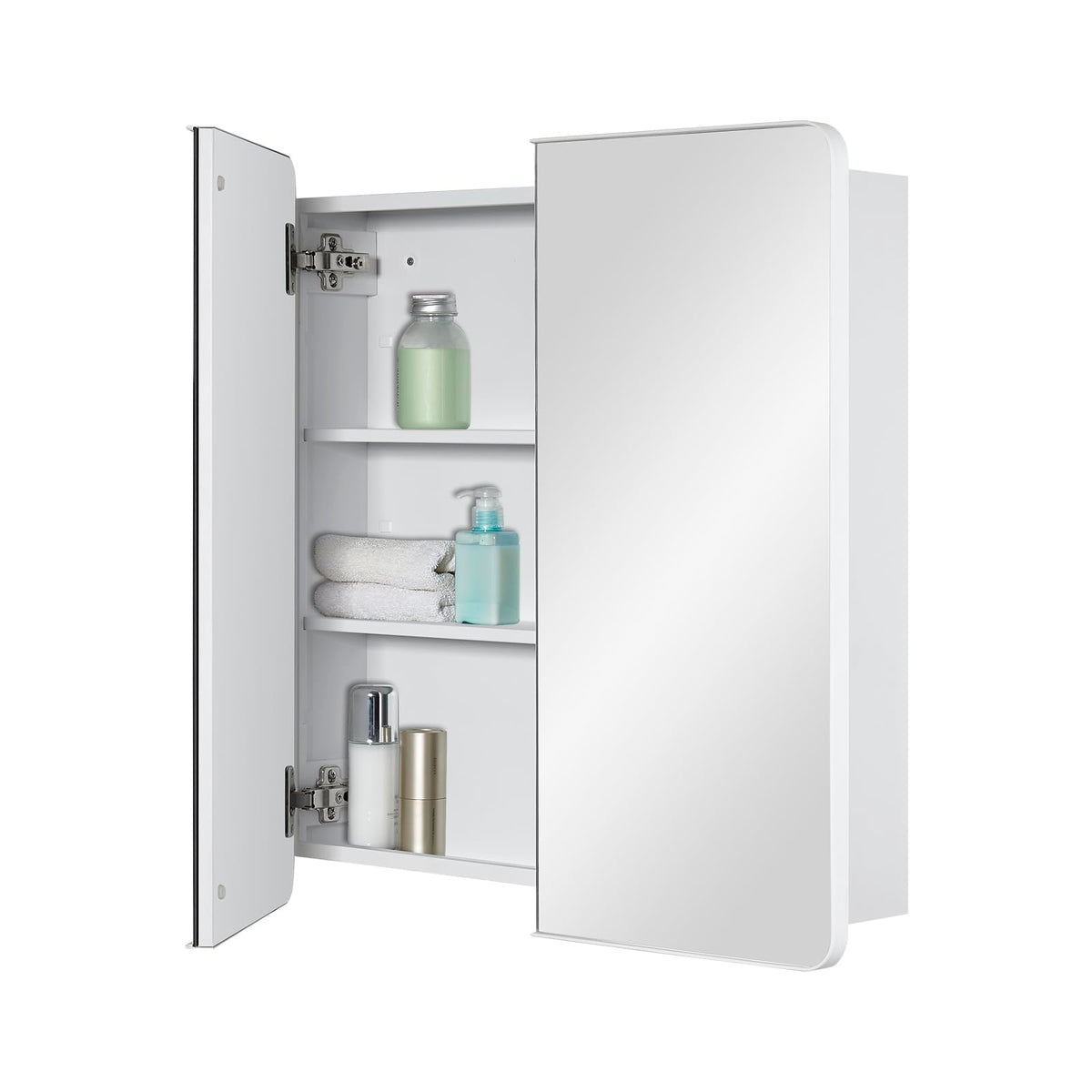 Fundin Bathroom Mirror Medicine Cabinet with Storage - Double Door, Metal Framed Round Corner, Adjustable Shelves, Matte White, Surface Mount Wall