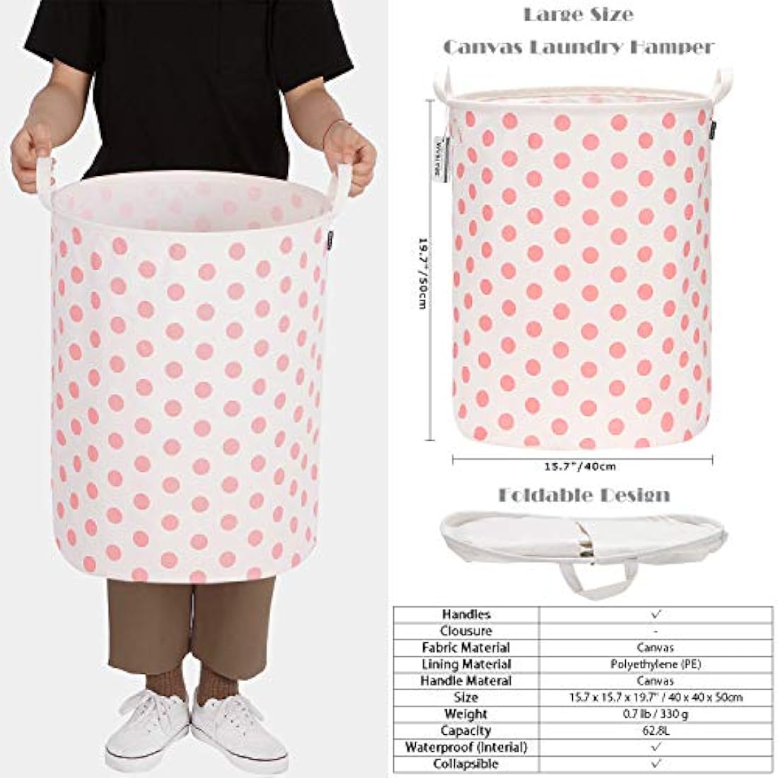 Sea Team 19.7 Inch Large Sized Waterproof Coating Ramie Cotton Fabric Folding Laundry Hamper Bucket Cylindric Burlap Canvas Storage Basket with Stylish Pink Dot Design