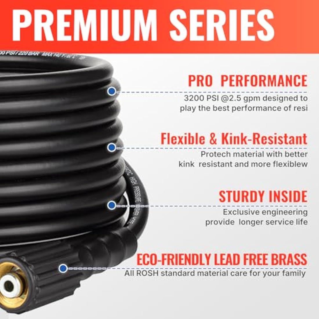 YAMATIC M22 Pressure Washer Hose 7.6M/25FT 1/4", Kink Resistant Power Washer Hose Replacement for Flexzilla Uberflex Ryobi Genarac Troy Bilt Honda Leak-Free 22MM Fittings, 3200 PSI/220 Bar