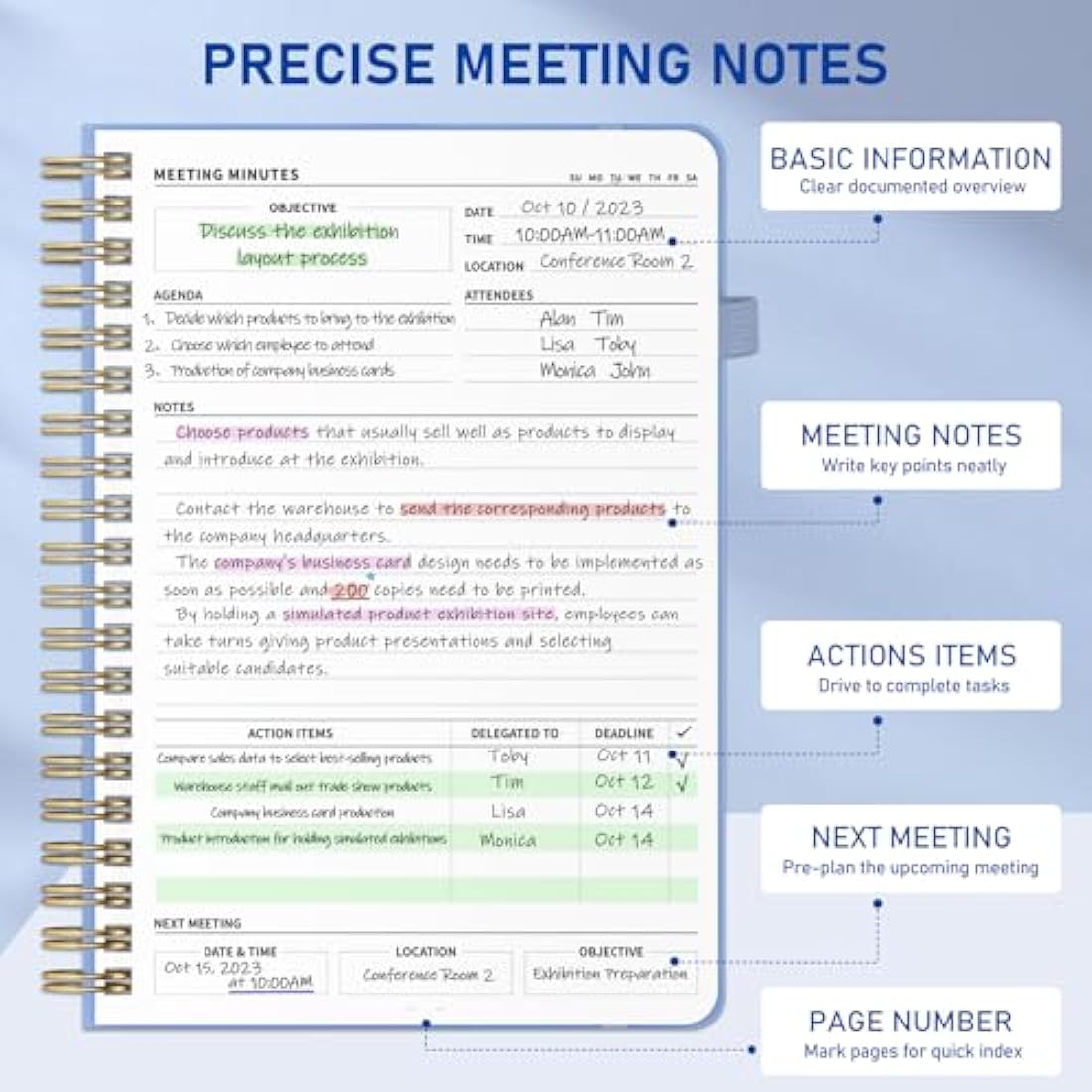 WEMATE Meeting Notebook B5 (7"x10") - PU Leather Planner Notebook with Agenda, Action Items & Notes - 200 Pages for Men&Women, Staff and Students, Meeting, Projects Planning - Light Blue