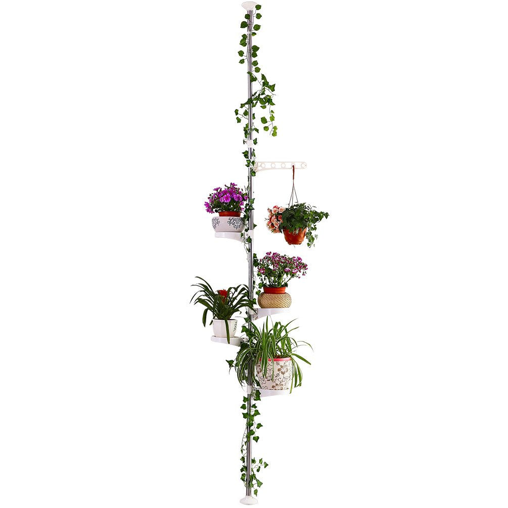 BAOYOUNI 5-Tier Indoor Plant Stand Flower Pot Display Holder Rack Tension Pole Stainless Steel Rod Decorative Storage Shelf, Ivory