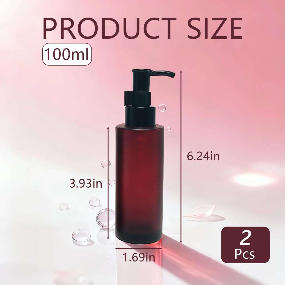 2PCS 100ml Amber Glass Bottles with Black Lotion Pumps Refillable Glass Liquid Soap Cream Dispenser Pump Bottles Containers for Bathroom
