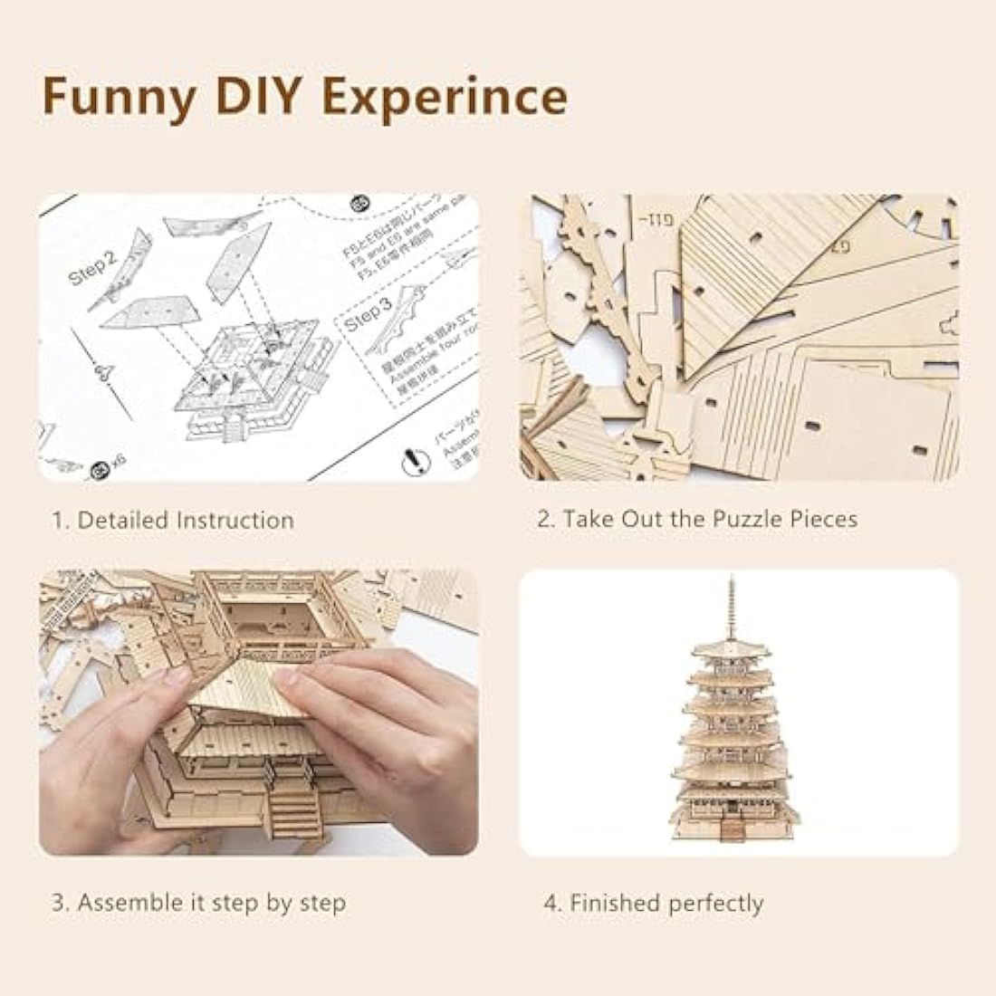 ROWOOD 3D Wooden Puzzle Five-storied Pagoda, Japanese Temple Model Kit for Adults to build, DIY Wooden Model Building Construction Craft Kits, Ideal as Christmas And Birthday Gift