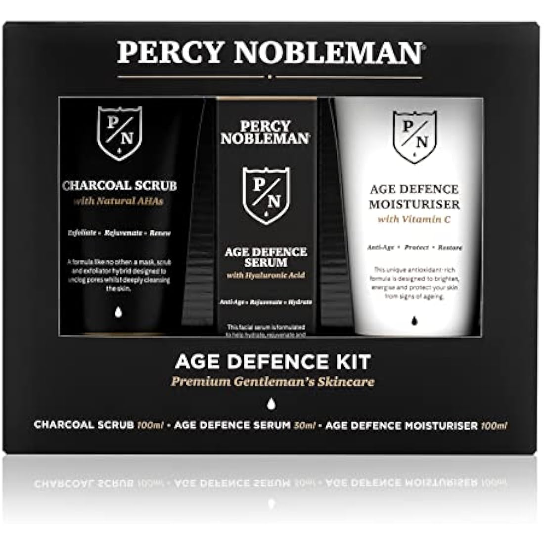 Percy Nobleman Age Defence Kit, a men's skincare set containing Charcoal Face Scrub (with Natural AHAs), ultra-hydrating Facial Serum (with Hyaluronic Acid), and Moisturiser (with Vitamin C)