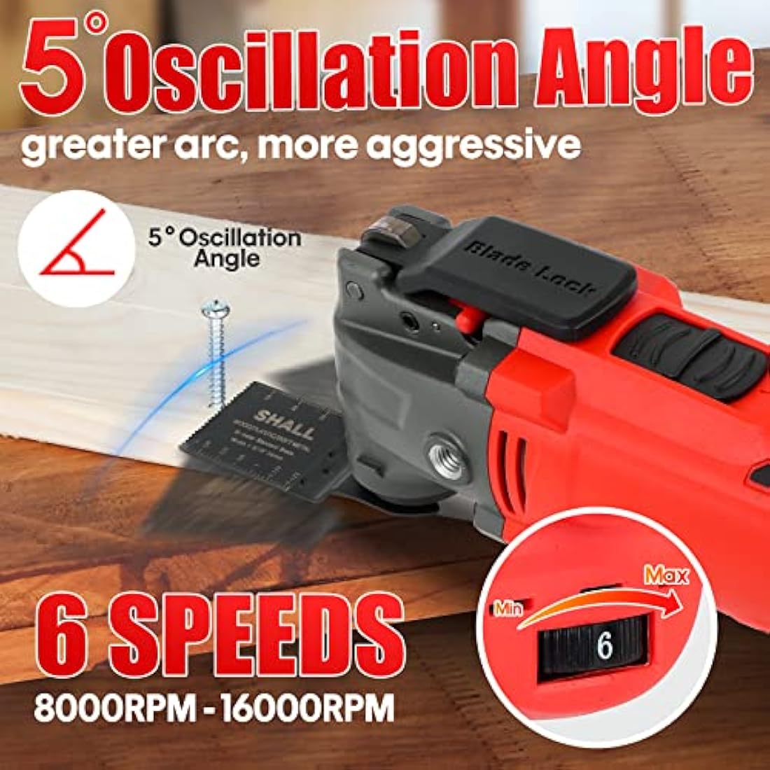 SHALL Oscillating Tool, 500W Oscillating Multitool Kit with 5° Oscillation Angle, Quick Change & Kickback Protection, 6 Variable Speeds, Auxiliary Handle, 34Pcs Saw Accessories and Carry Bag Included
