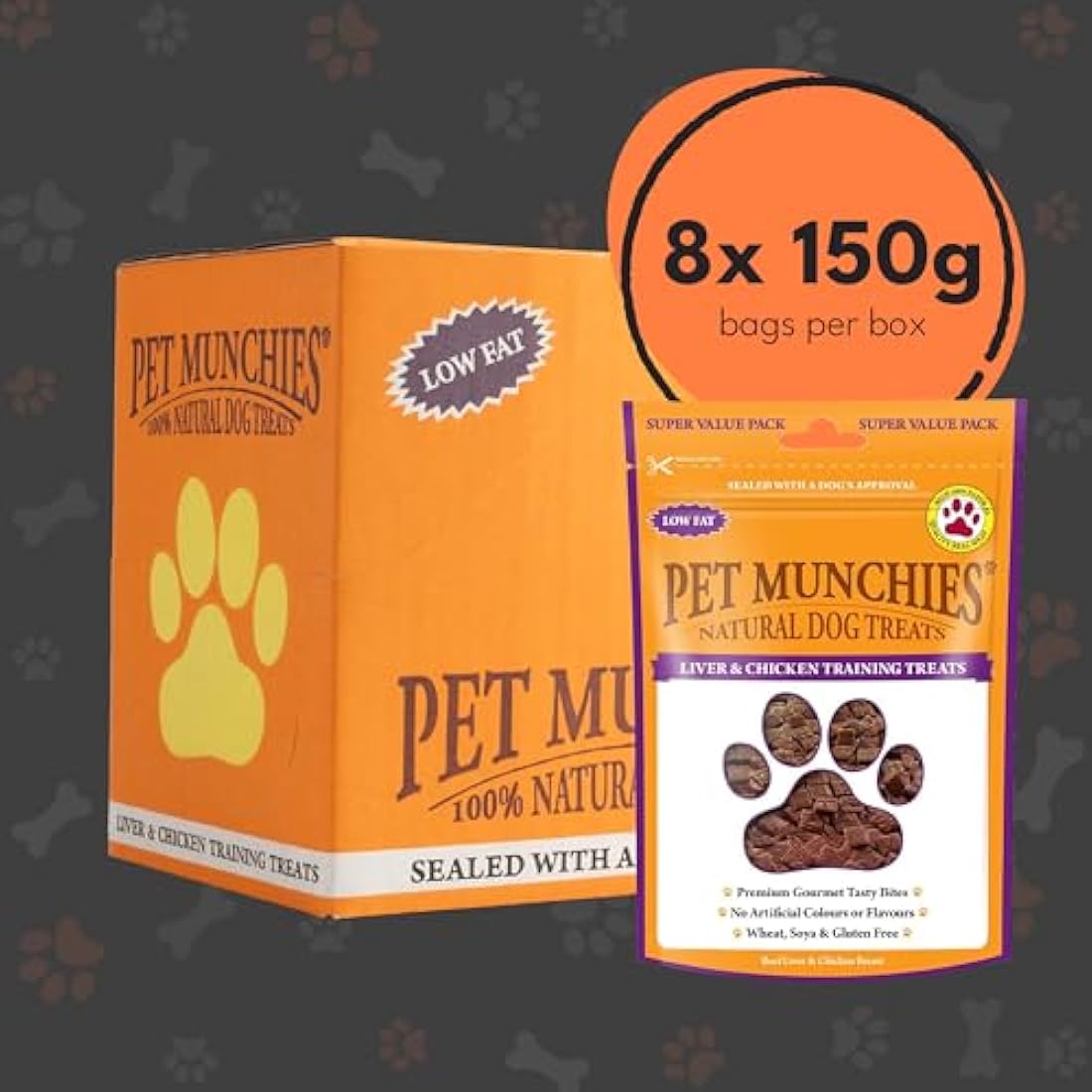 Pet Munchies Liver and Chicken Dog Training Treats, Grain Free Tasty Bites with Natural Real Meat, Low in Fat and High in Protein 150g (Pack of 8)