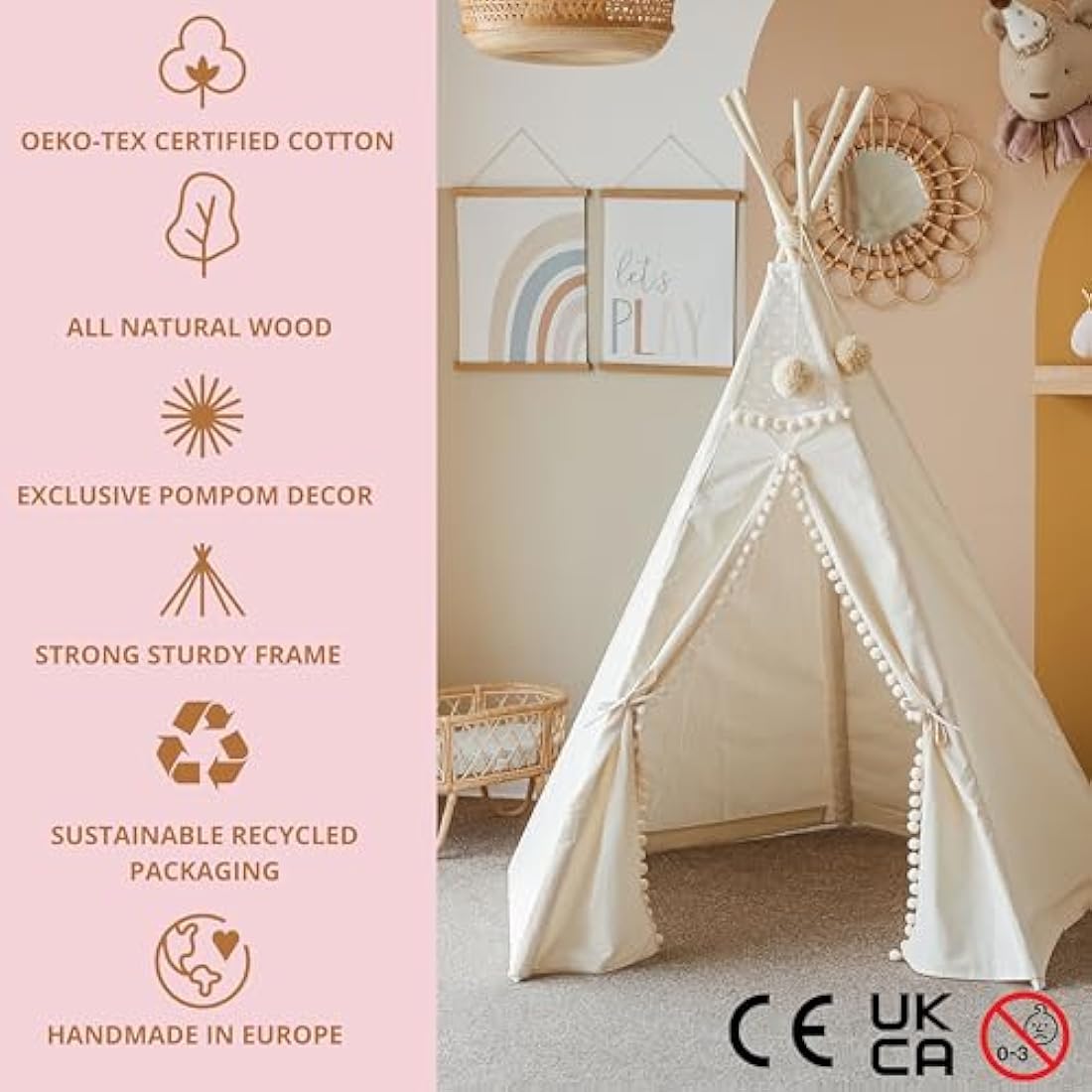 MINICAMP Original Teepee Tent for Kids, Handmade Natural Canvas & Wooden Playhouse for Children & Toddlers, Indoor Sleepover Play Tent for Girls & Boys, Extra-Stable Child Tipi with Pom-Poms