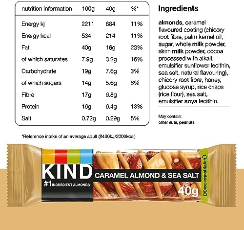 KIND Bars, Gluten Free Snack Bars, Caramel Almond & Sea Salt, High Fibre, Healthy Snack, No Artificial Colours, Flavours or Preservatives, Multipack 24 x 40g