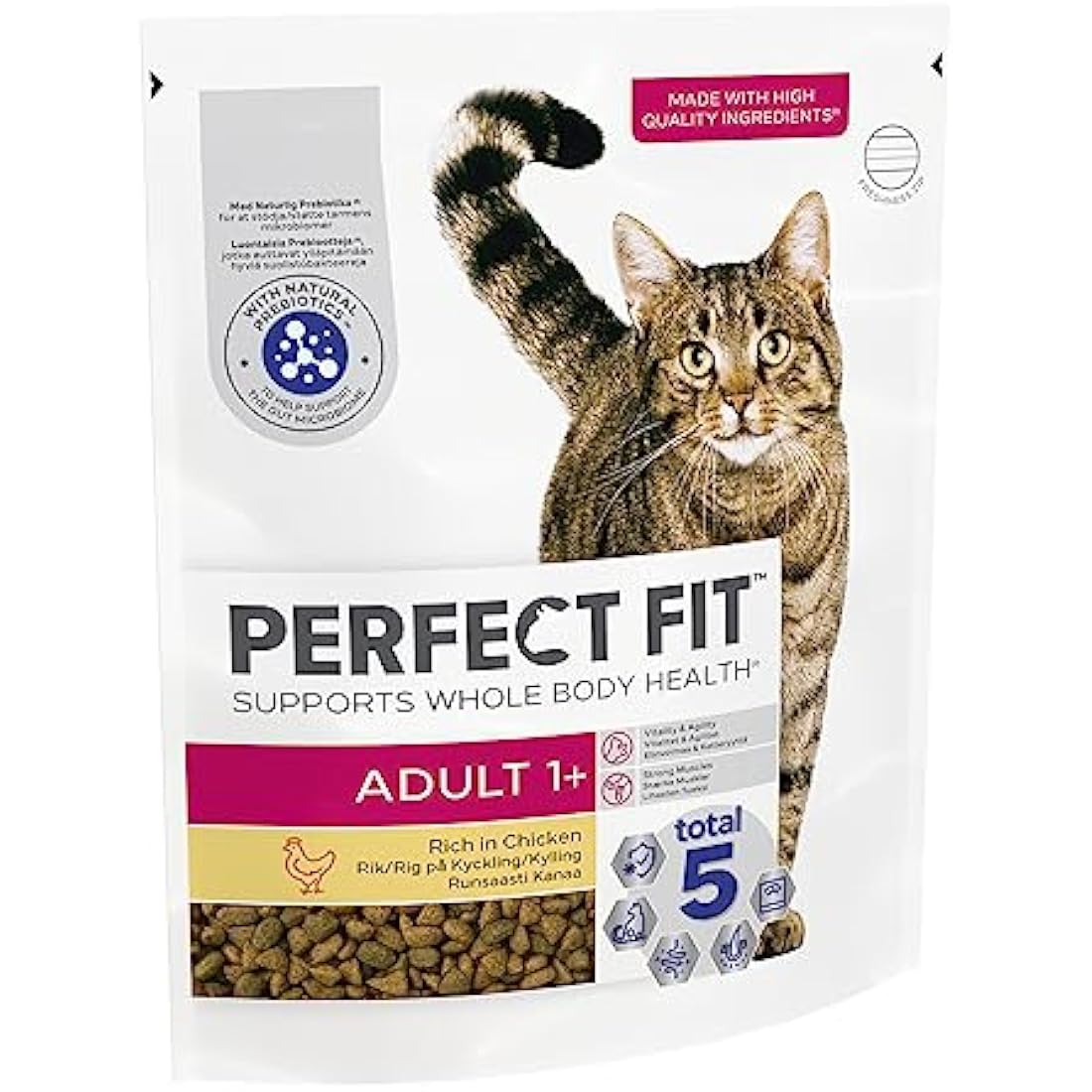 Perfect Fit Adult 1+ Complete Dry Cat Food for Adult Cats Aged 1+ Years, Rich in Chicken, 4 Bags (750 g)