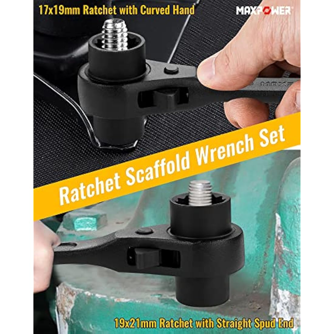 MAXPOWER Spud Ratchet Set 2PCs, Straight Spud Scaffold Spanner Wrench 19mm x 21mm & Offset Spud Ratchet Podger Spanner 17mm x 19mm