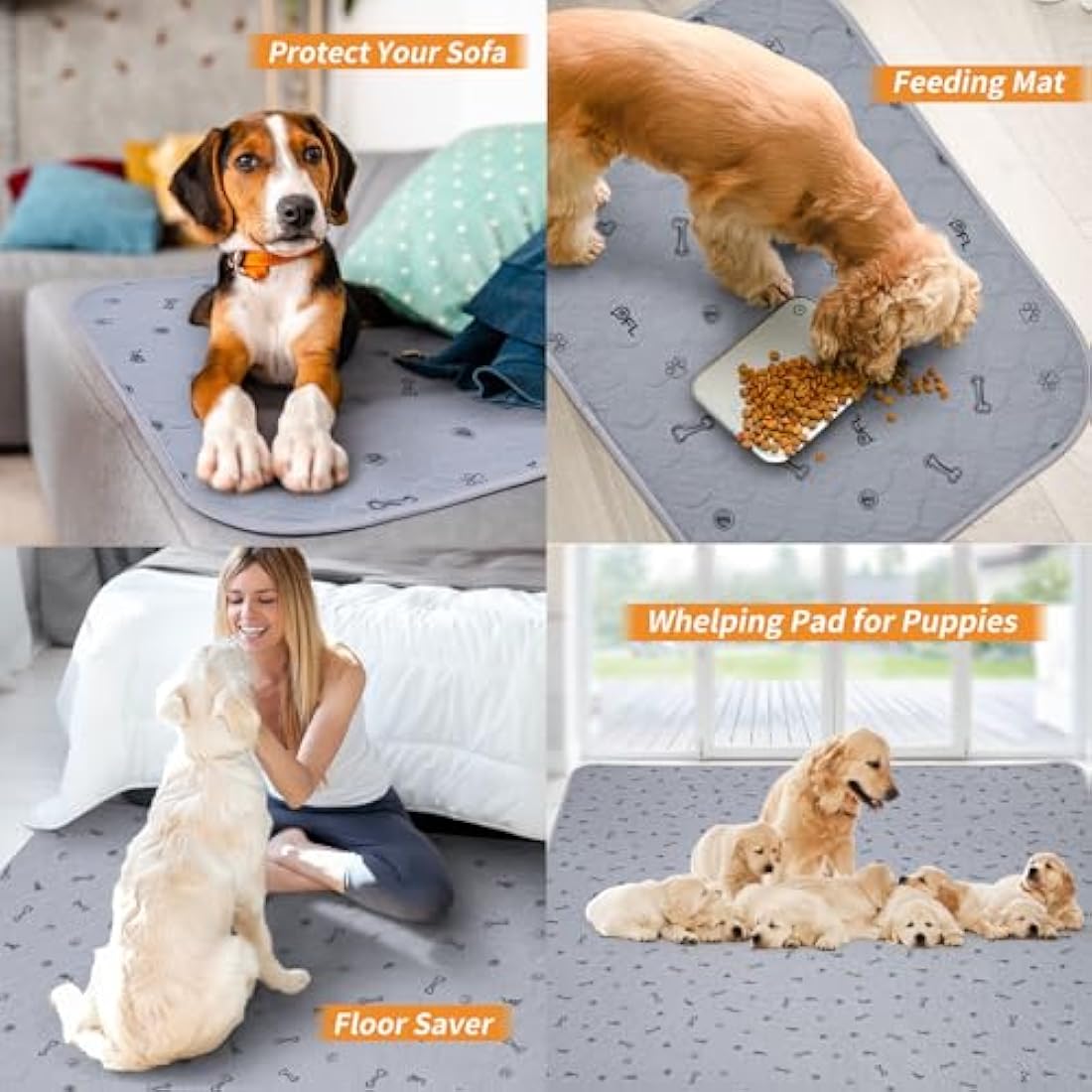Washable Pee Pads for Dogs, 2Pack Puppy Pads Washable,Absorbent Reusable Whelping Pads Non-Slip Dog Mats with Bone Print for Floor Protector, Couch Cover, Crate, Potty Training -92x104CM