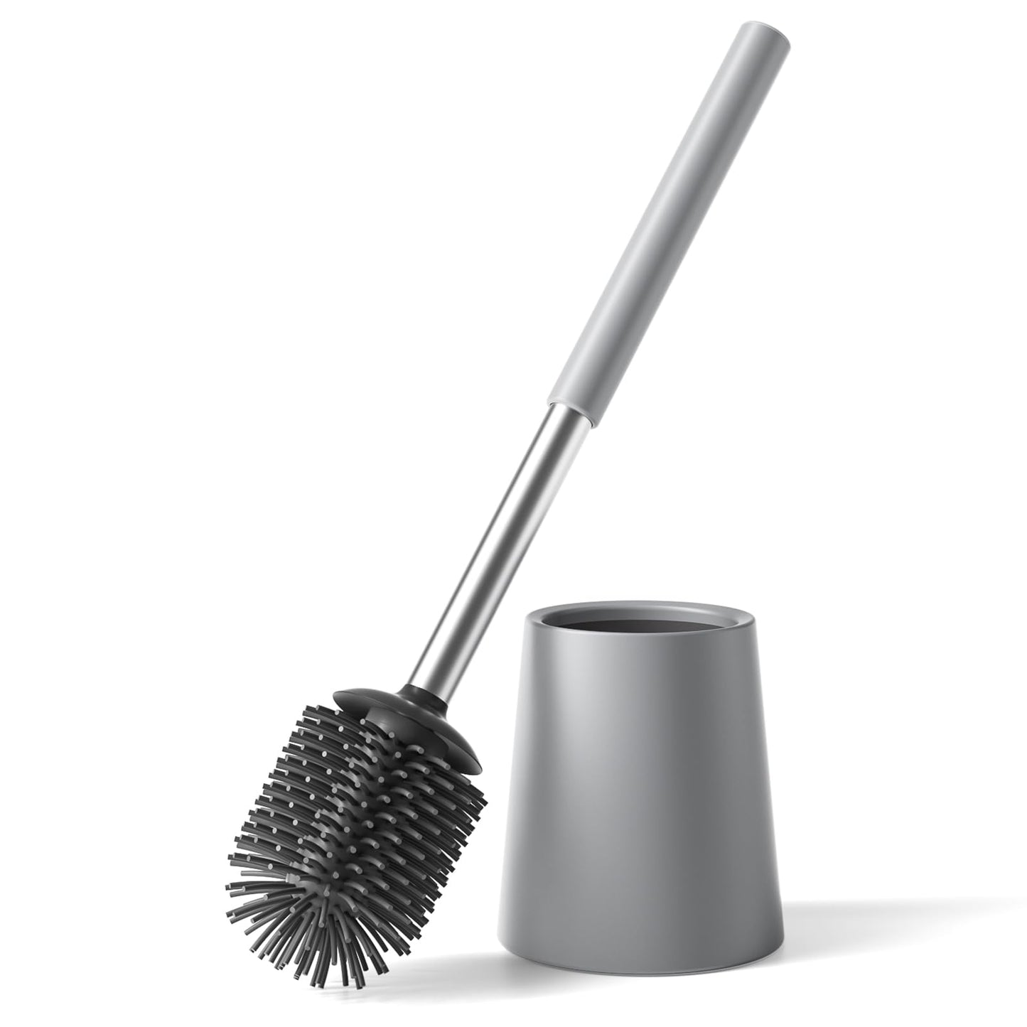 Siapapla Matte Grey 304 Stainless Steel Toilet Brush and Holder Set - Modern and Hygienic Loo Brush with Replaceable Silicone Brush Head - Ideal for